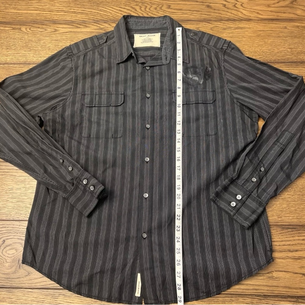DKNY Jeans Long Sleeve Black Striped Graphic Button Up Biker Shirt Mens Sz Large